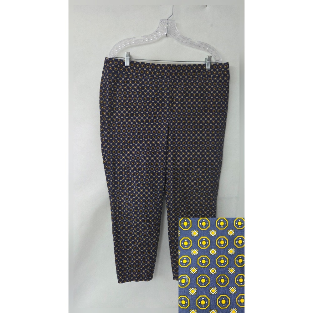 Talbots Essex Ankle Pants 16 Navy Blue Yellow Geometric Medallion Print Stretch